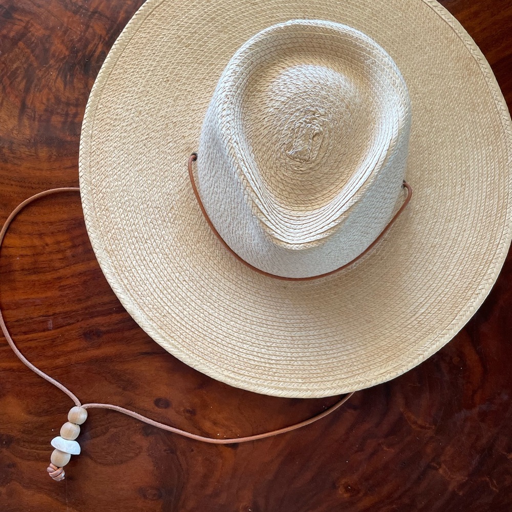 Beige Straw Sun Hat with Leather Cord